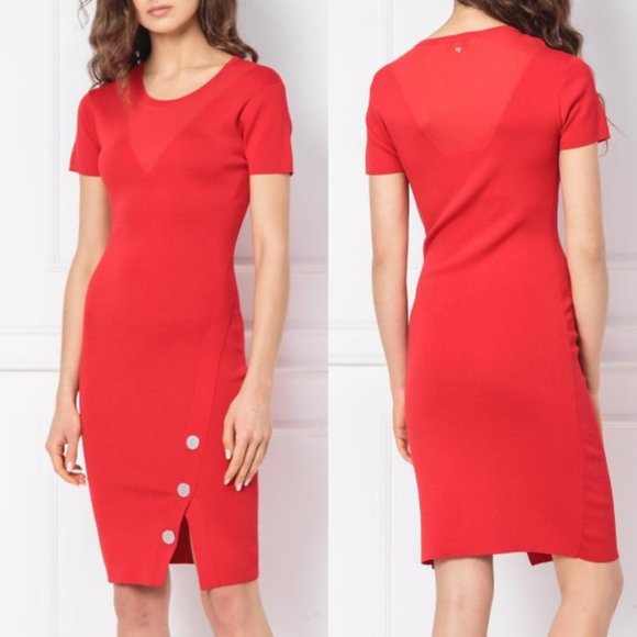 $475 NEW SILVIAN HEACH Red Pencil Dress SMALL Round Neck Short Sleeves Split Hem - Picture 6 of 12